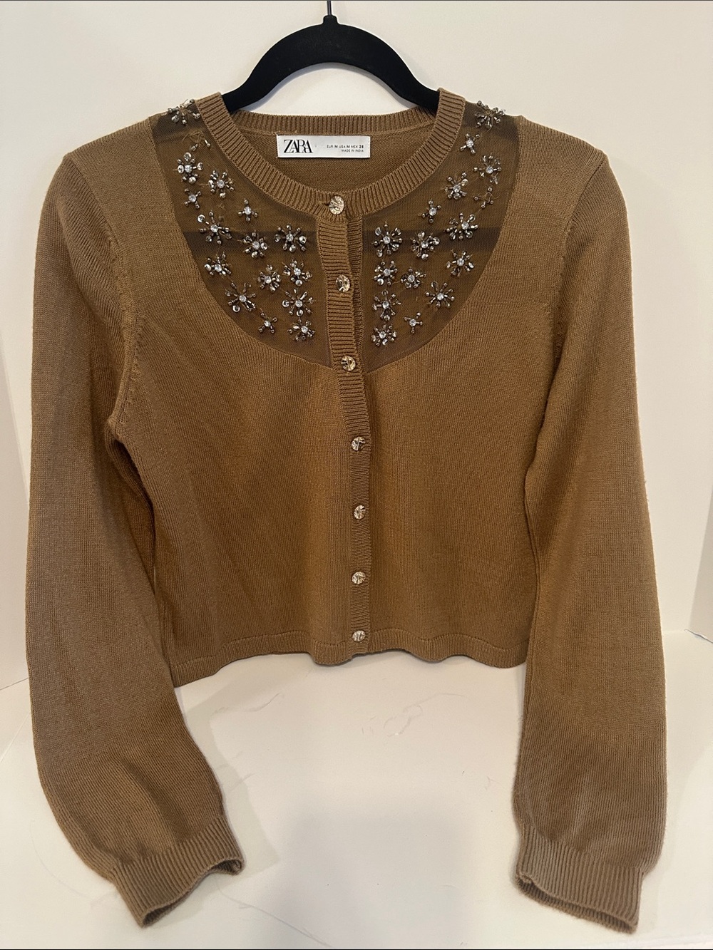 Zara Brown Jeweled Crewneck Cardigan